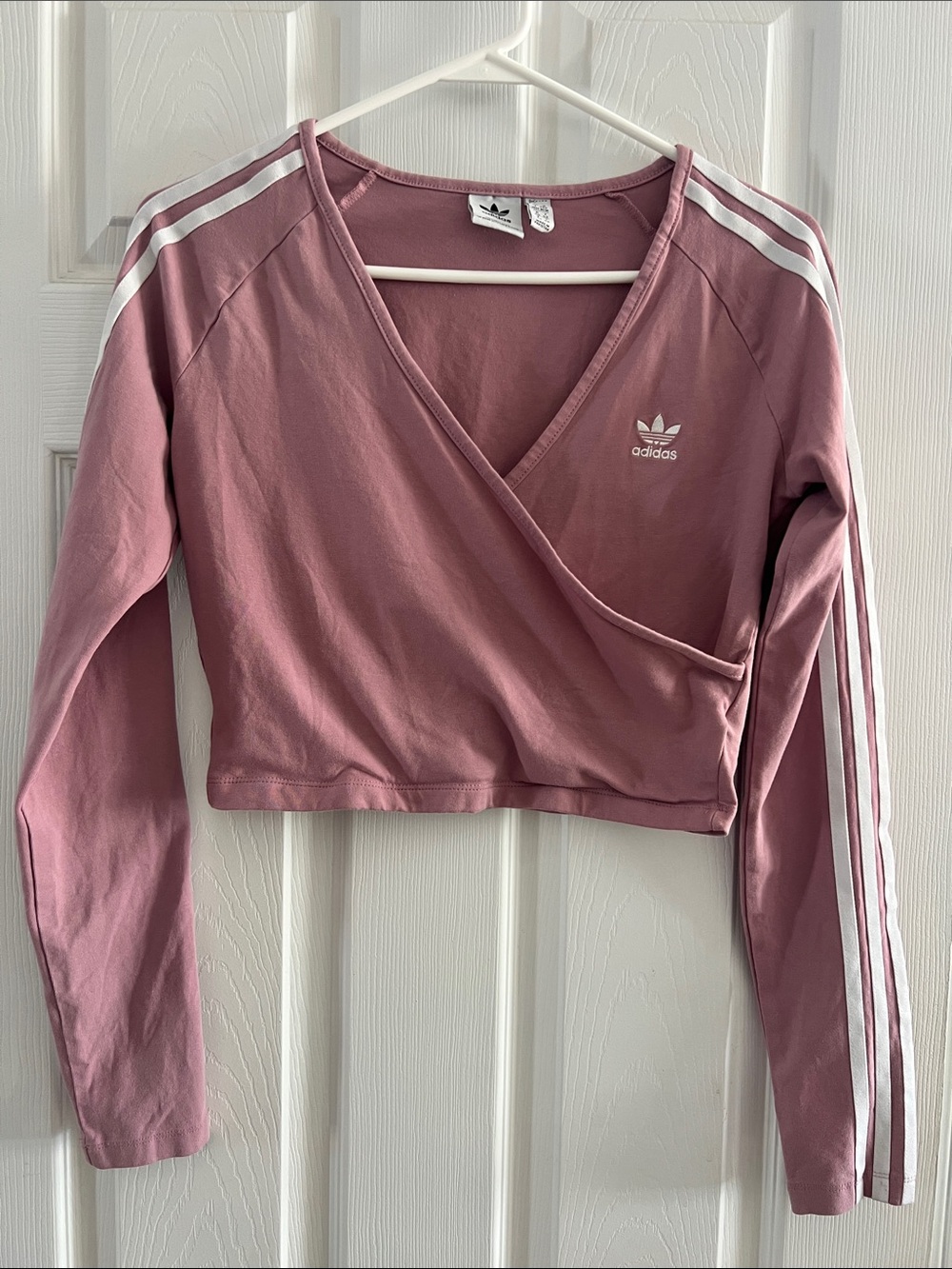 adidas Dusty Pink Wrap Crop Top with White Stripes Size M